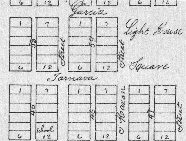 Excerpt from an 1875 map of Point Isabel showing the location of Maxan St. on the north side of Light House Square.