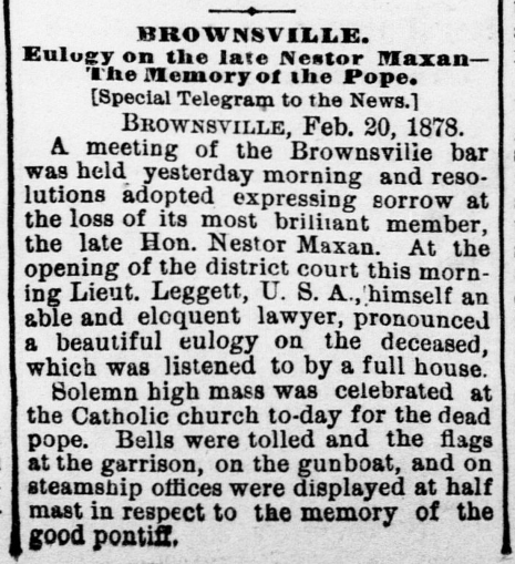 Maxan eulogized ahead of Pope in this 2/20/1878 article.